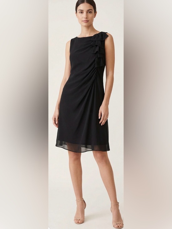 Evan Picone Dresses & Skirts - 90s Asymmetrical Black Chiffon Dress – Draped Knee-Length with Shoulder Ruffle